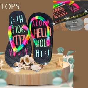 Childrens Flip Flops Sz 10/11 | Hawaiian Neon Crystal Sandals| Kids Shoes| Hello